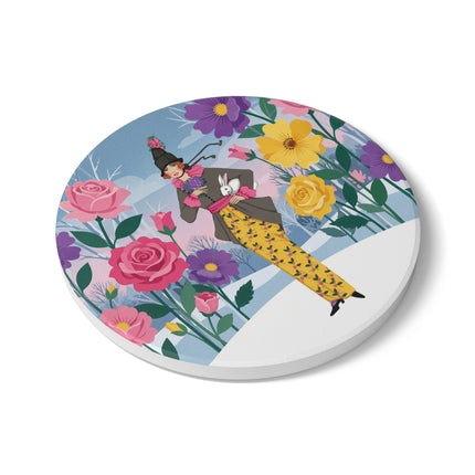 🐇🌸 The Lady With The White Rabbit Ceramic Coaster – Art Deco Floral Whimsy