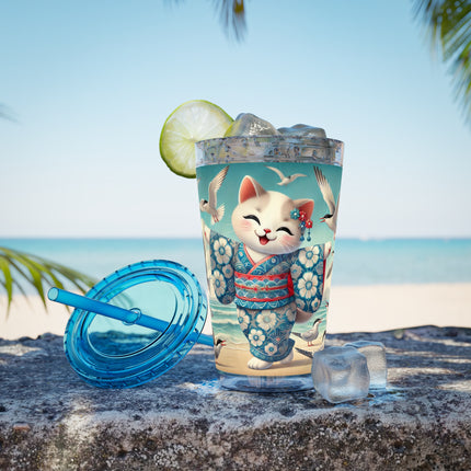 Geisha Kitten by the Seaside Sunsplash Tumbler with Straw, 16oz