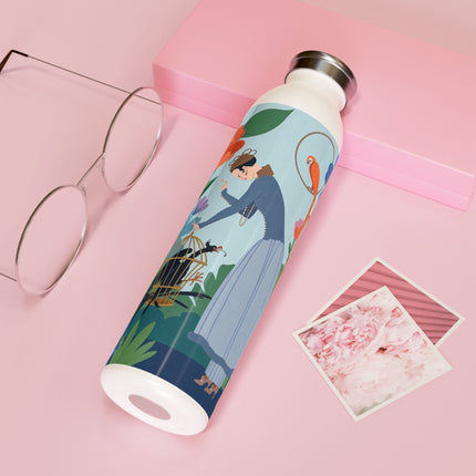 🌺🦜 The Lady Of The Garden Aviary Slim Water Bottle – Art Deco Botanical Whimsy