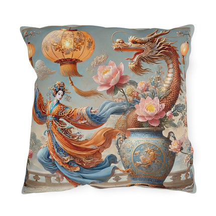 Golden Dragon & Lantern Lady Outdoor Pillows – Imperial Dragon & Elegant Harmony