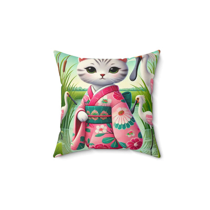 Geisha Kitten Strolls Among the Spoonbills Spun Polyester Square Pillow