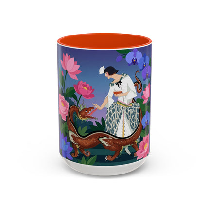 The Lady And The Garden Dragon Colorful Mugs – Art Deco Mythical Botanical Elegance