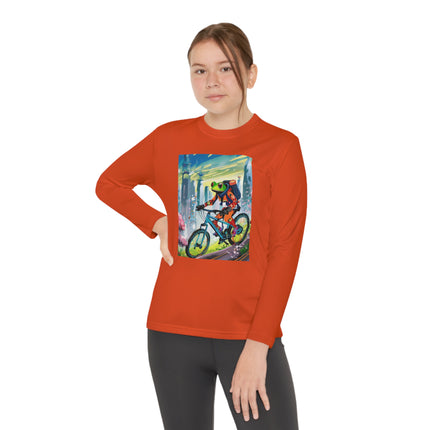 Cyberpunk Frog Youth Long Sleeve Competitor Tee – Neon Trails & Futuristic Adventure