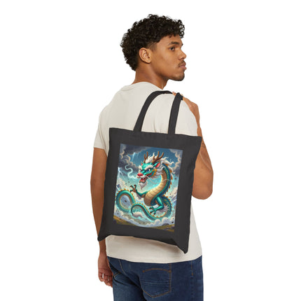 The Tibetan Dragon in Battle Cotton Canvas Tote Bag – Power, Motion & Mythic Energy