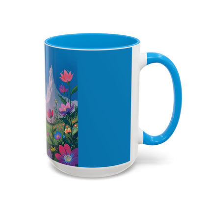 The Lady And The Moonlit Peak Colorful Mugs – Art Deco Alpine Garden Elegance