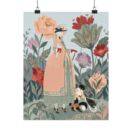🌸🐈 The Lady And Puss In Boots Grand Floral Promenade Matte Vertical Poster – Art Deco Fashion Whimsy