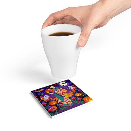 🌙🎃 The Moonlit Garden Masquerade Ceramic Coaster – Floral Halloween Charm