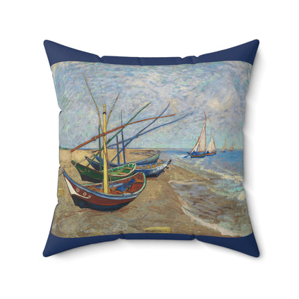 Fishing Boats on the Beach at Saintes-Maries by Vincent Van Gogh Spun Polyester Square Pillow