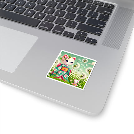 🌾🌼 Geisha Kitten and the Dandelion Wish Kiss-Cut Sticker – Gentle Wishes & Quiet Wonder