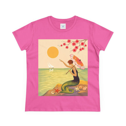 🧜‍♀️🌸 The Mermaid Beneath The Blossoms Cotton Tee – Art Deco Seaside Fantasy