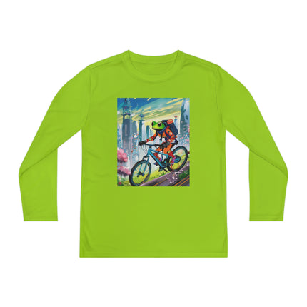 Cyberpunk Frog Youth Long Sleeve Competitor Tee – Neon Trails & Futuristic Adventure