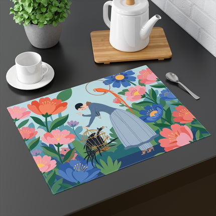 🦜🌺 The Lady Of The Garden Aviary Placemat – Art Deco Floral Whimsy