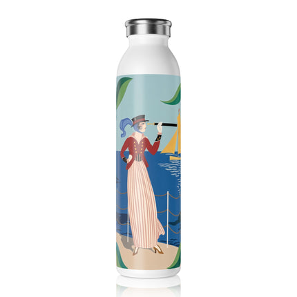 ⚓🌸 The Lady At The Seaside Slim Water Bottle – Art Deco Nautical Floral Whimsy