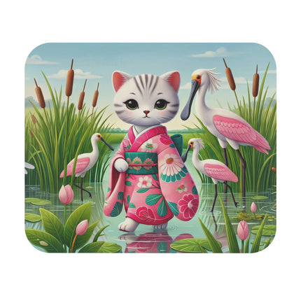 Geisha Kitten Strolls Among the Spoonbills Mouse Pad – Serene Grace & Marshland Wonder