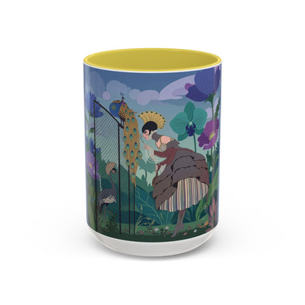 The Lady And The Enchanted Heron Colorful Mugs – Art Deco Botanical Elegance