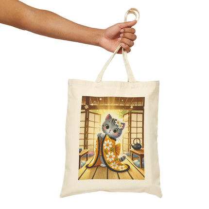 Playful Kitten in the Tea Room Cotton Canvas Tote Bag – Curious Charm & Cozy Whimsy