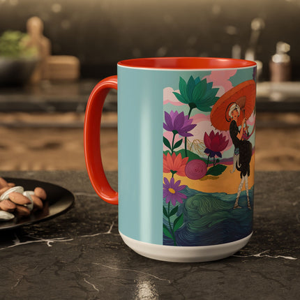 The Lady Of The Coral Parasol Colorful Mugs – Art Deco Coastal Elegance