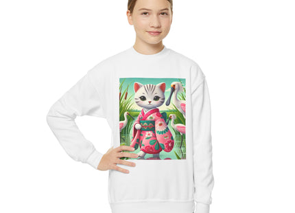 Geisha Kitten Strolls Among the Spoonbills Youth Crewneck Sweatshirt