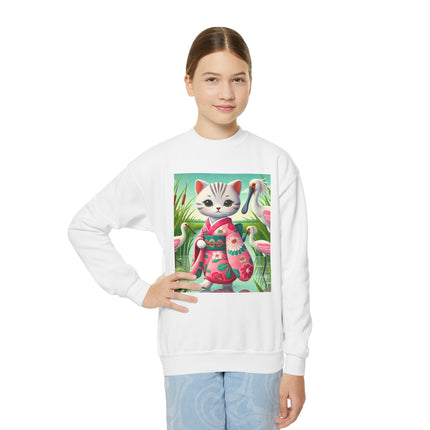 Geisha Kitten Strolls Among the Spoonbills Youth Crewneck Sweatshirt – Grace, Nature & Whimsical Elegance