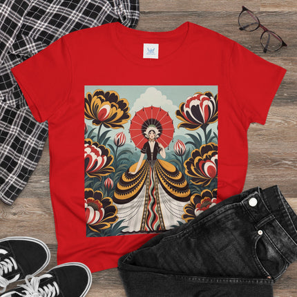 ❤️🌺 The Scarlet Parasol Garden Cotton Tee – Art Deco Floral Elegance