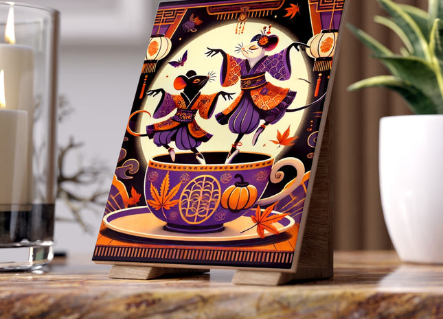 Theatrical Halloween Kabuki Mice on Teacup Ceramic Tile