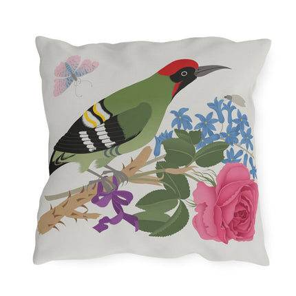 Woodpecker & Rose Outdoor Pillows – Vibrant Nature & Timeless Charm
