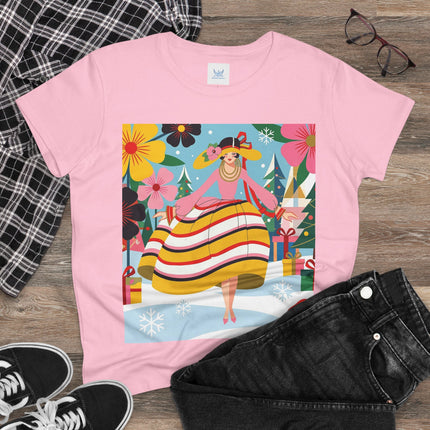 🎄🌸 The Christmas Blossom Belle Cotton Tee – Art Deco Holiday Whimsy