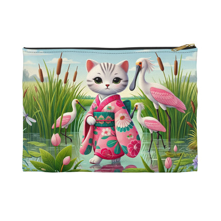 Geisha Kitten Strolls Among the Spoonbills Accessory Pouch – Serene Grace & Marshland Wonder