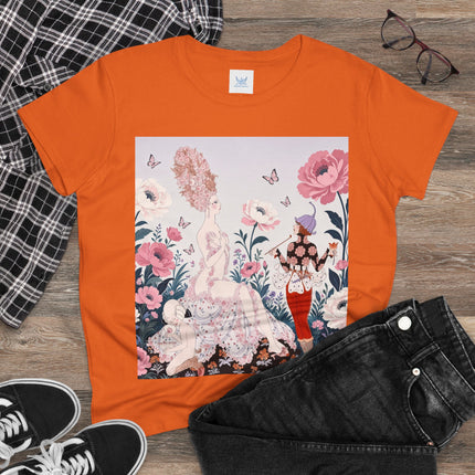 🌸🦋 The Enchanted Rose Garden Encounter Cotton Tee – Art Deco Floral Whimsy