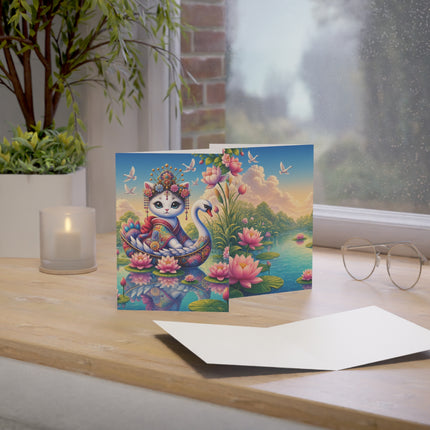 🪷🦢 The Lotus Swan Princess Kitten Greeting Card – Whimsical Garden Elegance