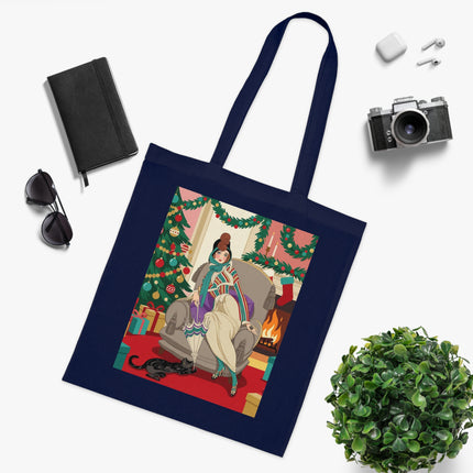 🔥🎄 The Lady Of The Christmas Hearth Cotton Tote Bag – Art Deco Holiday Warmth