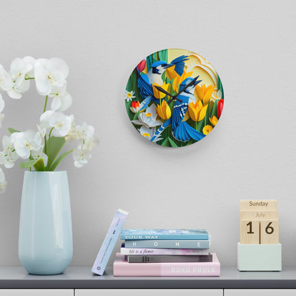 Blue Jays in a Spring Garden Acrylic Wall Clock, Round and Square