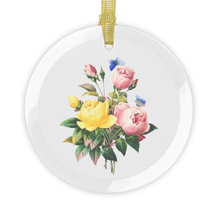 Yellow Rose and Cabbage Rose botanical illustration by Pierre-Joseph Redouté Glass Ornament