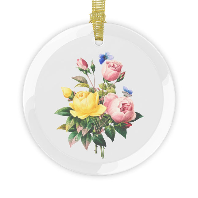 Yellow Rose and Cabbage Rose botanical illustration by Pierre-Joseph Redouté Glass Ornament