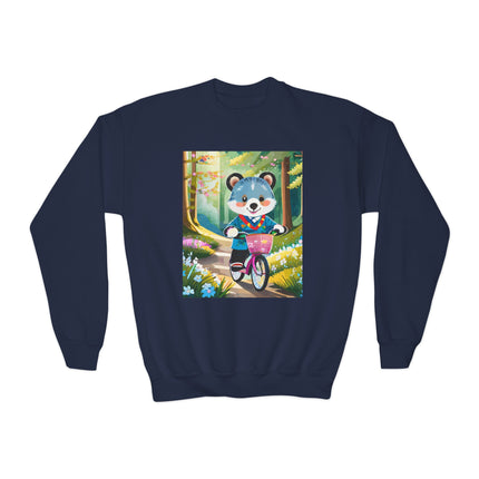 Furry Cyclist Youth Crewneck Sweatshirt – Playful Adventure on Two Wheels