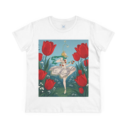🌷🩰 The Scarlet Tulip Ballet Cotton Tee – Art Deco Floral Whimsy
