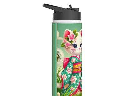 Geisha Kitten and the Dandelion Wish Stainless Steel Water Bottle, Standard Lid