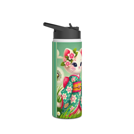 Geisha Kitten and the Dandelion Wish Stainless Steel Water Bottle, Standard Lid