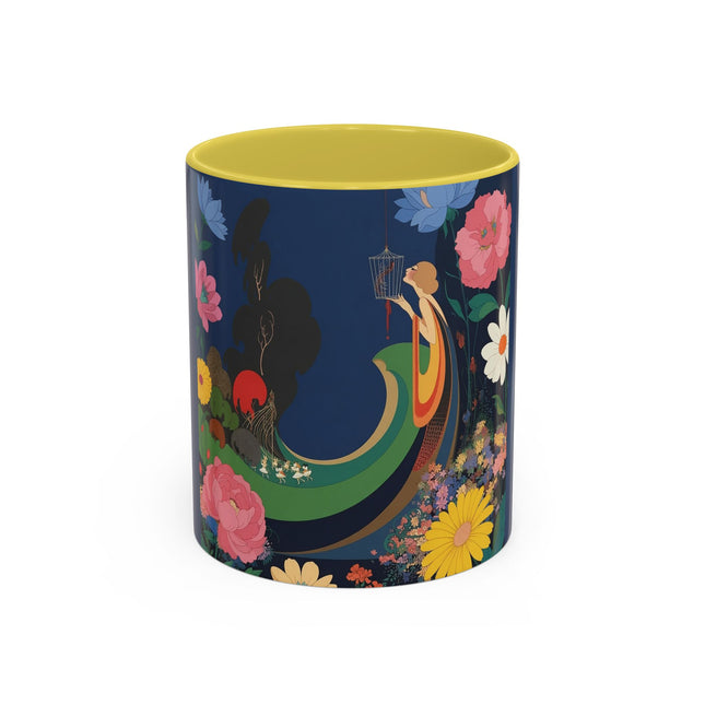 The Lady And The Crimson Moonbird Colorful Mugs – Art Deco Whimsical Garden Elegance