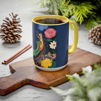 The Lady And The Crimson Moonbird Colorful Mugs – Art Deco Whimsical Garden Elegance