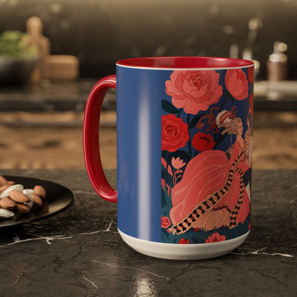 The Lady And The Scarlet Macaw Colorful Mugs – Art Deco Floral Elegance