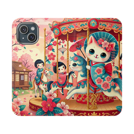 🎠🌸 Geisha Kitten's Enchanted Carousel Flip Case – Whimsical Dreams & Cherry Blossom Magic