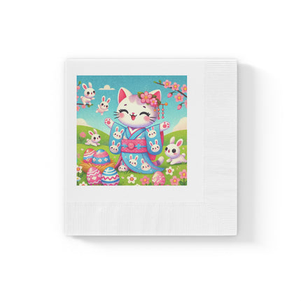 Springtime Kitten’s Easter Joy White Coined Napkins