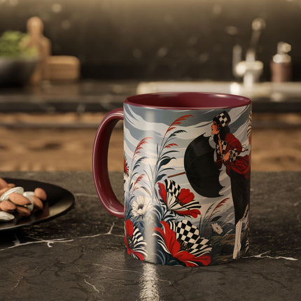 ☔🌹 The Scarlet Checkerboard Rainstorm Colorful Mug – Art Deco Floral Elegance