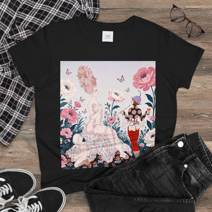 🌸🦋 The Enchanted Rose Garden Encounter Cotton Tee – Art Deco Floral Whimsy