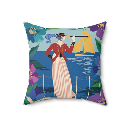 🌊🔭 The Lady Of The Seaside Lookout Square Pillow – Art Deco Nautical Adventure