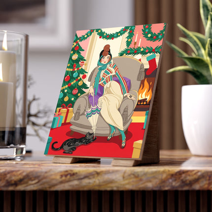 🔥🐈‍⬛ The Lady Of The Christmas Hearth Ceramic Tile – Art Deco Holiday Warmth