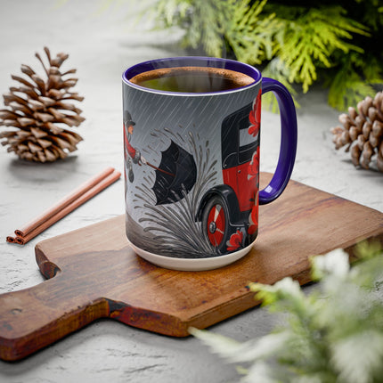 ☔🌹 The Scarlet Rainstorm Promenade Colorful Mug – Art Deco Motoring Elegance