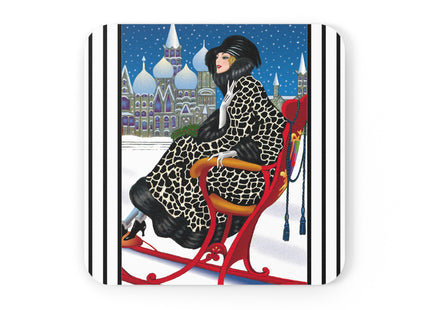 Elegant Winter Woman in Sleigh Cork Back Coaster