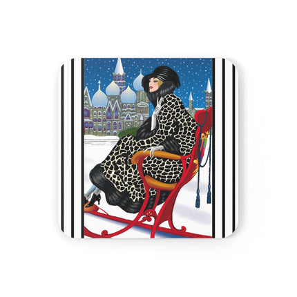 Elegant Winter Woman in Sleigh Cork Back Coaster